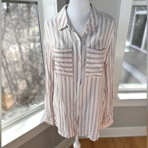 Cato C Brand Pink White Coastal Striped Textured Flowy Rayon Button Down Shirt L